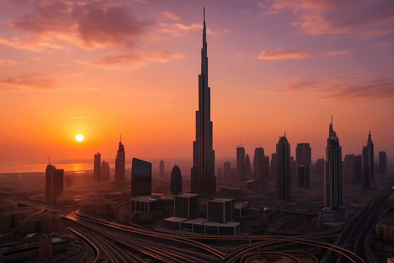 A breathtaking view of the Dubai skyline with the Burj Khalifa towering at sunset