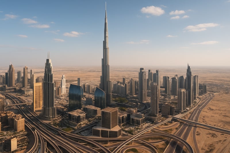 A panoramic view of Dubai's cityscape, featuring the Burj Khalifa, modern skyscrapers, and desert landscape.