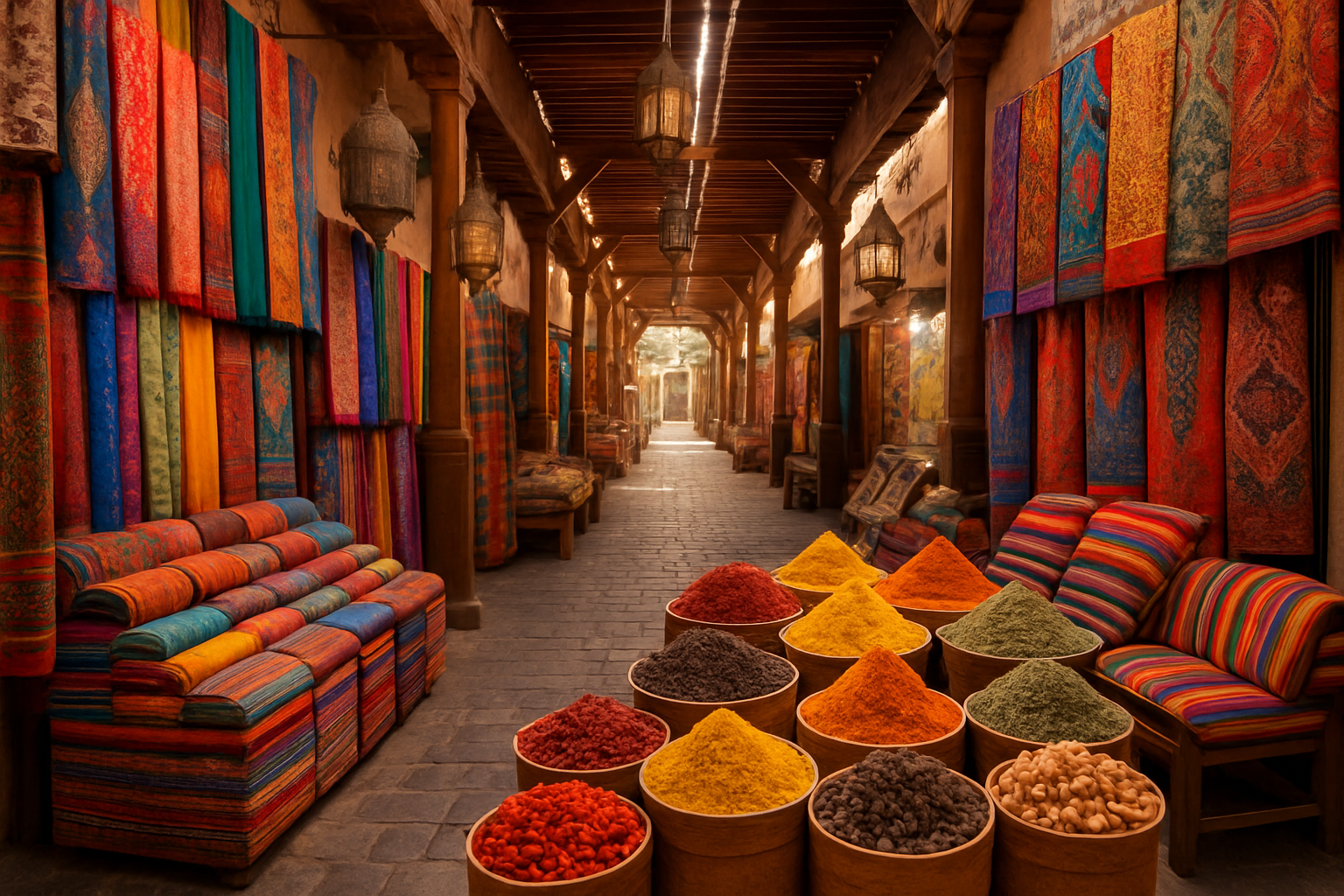 Traditional Arabian souk with vibrant textiles and spices in Dubai