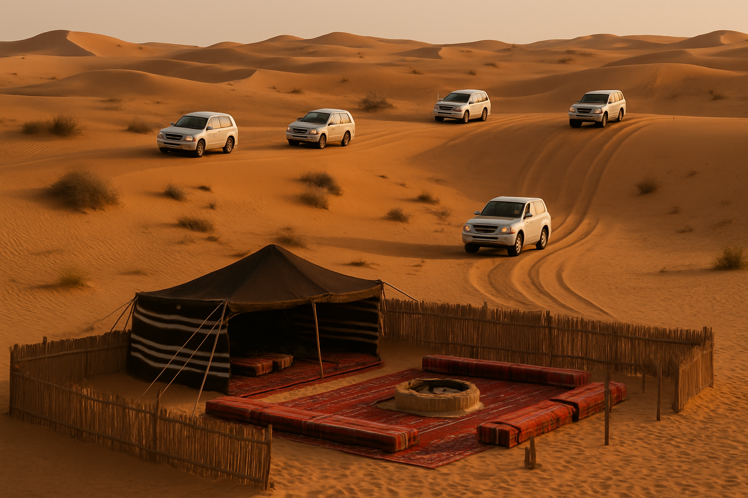 Desert safari with 4x4 vehicles and traditional Bedouin camp