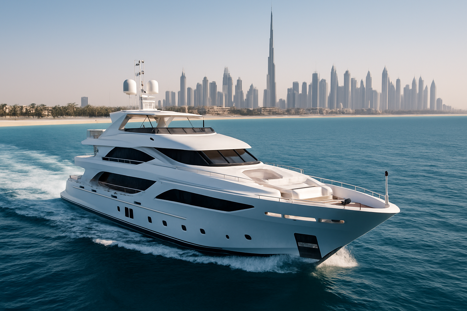 Luxury yacht cruising along the Dubai coastline